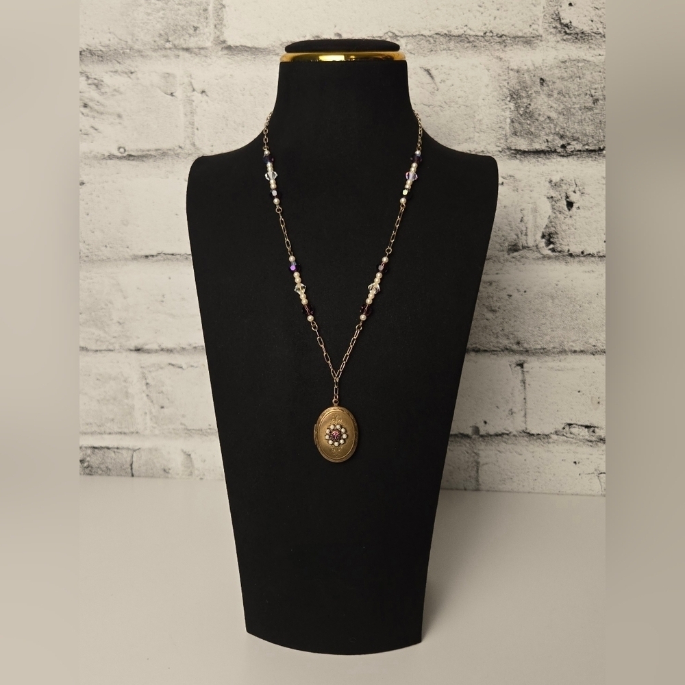 Vintage Gold-Tone Floral Locket Necklace Pearls & AB Crystals Paperclip Chain